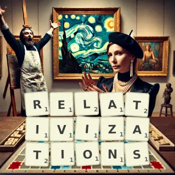 Creative illustration for a Scrabble game with the word RELATIVIZATIONS spelled out in tiles on the board.