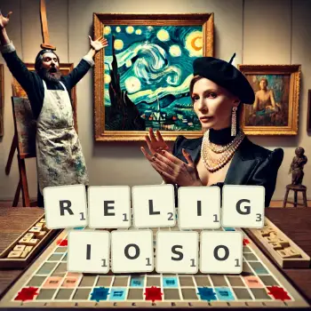 Creative illustration for a Scrabble game with the word RELIGIOSO spelled out in tiles on the board.