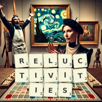 Creative illustration for a Scrabble game with the word RELUCTIVITIES spelled out in tiles on the board.