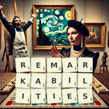 Creative illustration for a Scrabble game with the word REMARKABILITIES spelled out in tiles on the board.