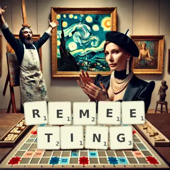 Creative illustration for a Scrabble game with the word REMEETING spelled out in tiles on the board.
