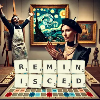 Creative illustration for a Scrabble game with the word REMINISCED spelled out in tiles on the board.