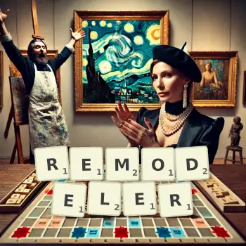 Creative illustration for a Scrabble game with the word REMODELER spelled out in tiles on the board.