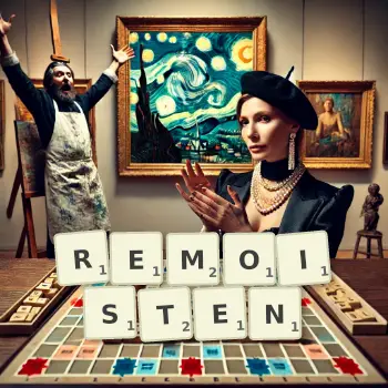 Creative illustration for a Scrabble game with the word REMOISTEN spelled out in tiles on the board.