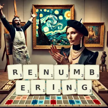 Creative illustration for a Scrabble game with the word RENUMBERING spelled out in tiles on the board.