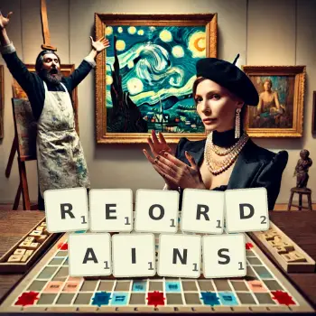 Creative illustration for a Scrabble game with the word REORDAINS spelled out in tiles on the board.