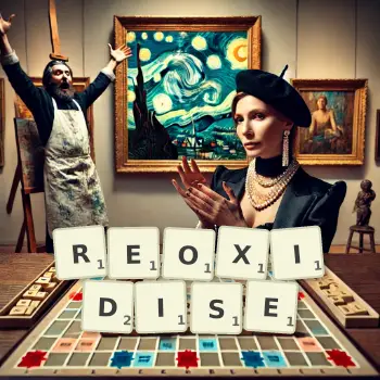 Creative illustration for a Scrabble game with the word REOXIDISE spelled out in tiles on the board.