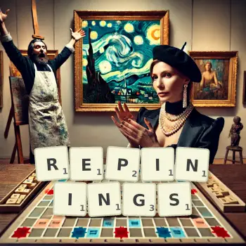 Creative illustration for a Scrabble game with the word REPININGS spelled out in tiles on the board.