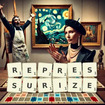 Creative illustration for a Scrabble game with the word REPRESSURIZE spelled out in tiles on the board.