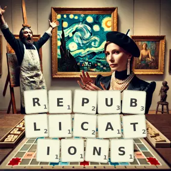 Creative illustration for a Scrabble game with the word REPUBLICATIONS spelled out in tiles on the board.