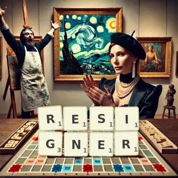 Creative illustration for a Scrabble game with the word RESIGNER spelled out in tiles on the board.