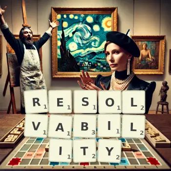 Creative illustration for a Scrabble game with the word RESOLVABILITY spelled out in tiles on the board.