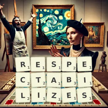 Creative illustration for a Scrabble game with the word RESPECTABILIZES spelled out in tiles on the board.
