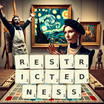 Creative illustration for a Scrabble game with the word RESTRICTEDNESS spelled out in tiles on the board.