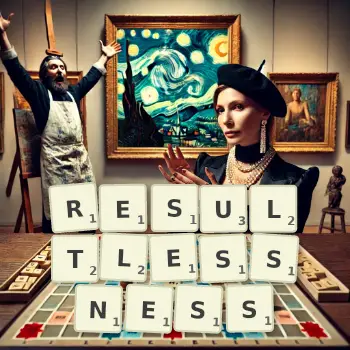 Creative illustration for a Scrabble game with the word RESULTLESSNESS spelled out in tiles on the board.
