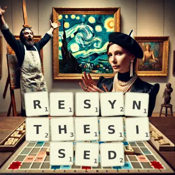 Creative illustration for a Scrabble game with the word RESYNTHESISED spelled out in tiles on the board.