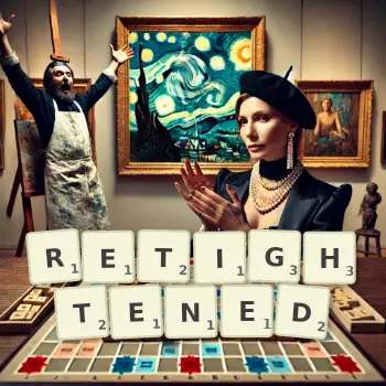 Creative illustration for a Scrabble game with the word RETIGHTENED spelled out in tiles on the board.