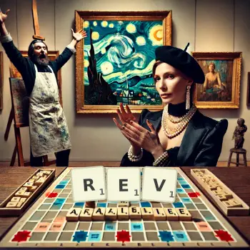 Creative illustration for a Scrabble game with the word REV spelled out in tiles on the board.