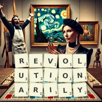 Creative illustration for a Scrabble game with the word REVOLUTIONARILY spelled out in tiles on the board.