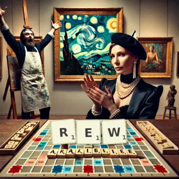 Creative illustration for a Scrabble game with the word REW spelled out in tiles on the board.