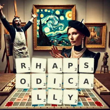 Creative illustration for a Scrabble game with the word RHAPSODICALLY spelled out in tiles on the board.