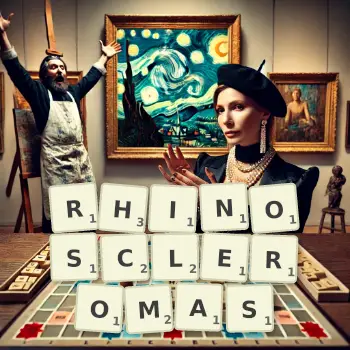 Creative illustration for a Scrabble game with the word RHINOSCLEROMAS spelled out in tiles on the board.