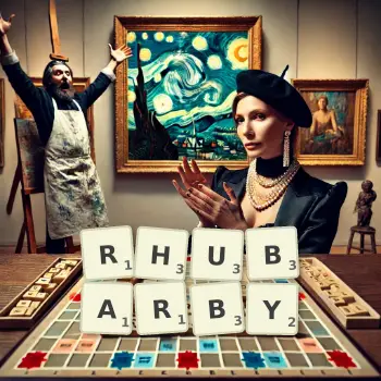 Creative illustration for a Scrabble game with the word RHUBARBY spelled out in tiles on the board.