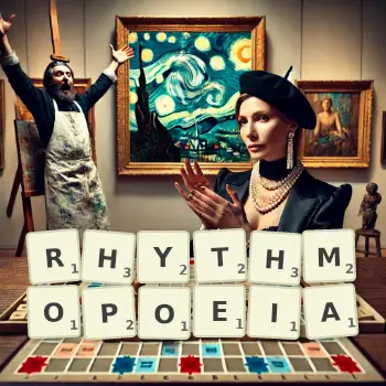Creative illustration for a Scrabble game with the word RHYTHMOPOEIA spelled out in tiles on the board.