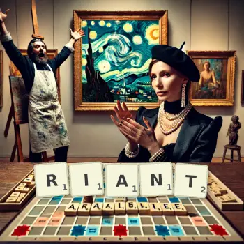Creative illustration for a Scrabble game with the word RIANT spelled out in tiles on the board.