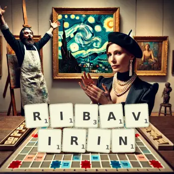Creative illustration for a Scrabble game with the word RIBAVIRIN spelled out in tiles on the board.