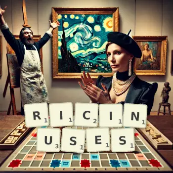 Creative illustration for a Scrabble game with the word RICINUSES spelled out in tiles on the board.