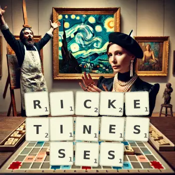 Creative illustration for a Scrabble game with the word RICKETINESSES spelled out in tiles on the board.
