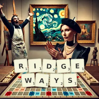 Creative illustration for a Scrabble game with the word RIDGEWAYS spelled out in tiles on the board.