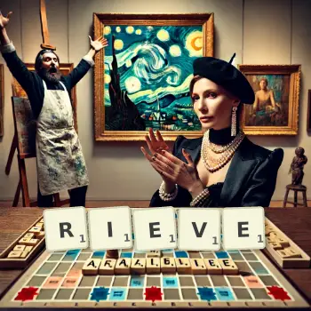 Creative illustration for a Scrabble game with the word RIEVE spelled out in tiles on the board.