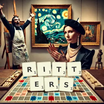 Creative illustration for a Scrabble game with the word RITTERS spelled out in tiles on the board.