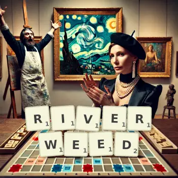 Creative illustration for a Scrabble game with the word RIVERWEED spelled out in tiles on the board.