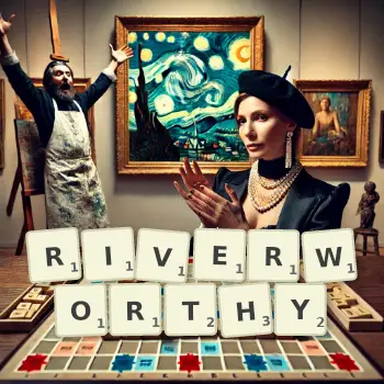 Creative illustration for a Scrabble game with the word RIVERWORTHY spelled out in tiles on the board.