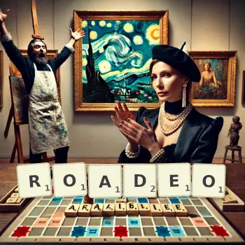 Creative illustration for a Scrabble game with the word ROADEO spelled out in tiles on the board.