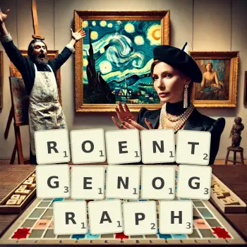 Creative illustration for a Scrabble game with the word ROENTGENOGRAPH spelled out in tiles on the board.