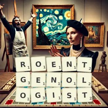 Creative illustration for a Scrabble game with the word ROENTGENOLOGIST spelled out in tiles on the board.