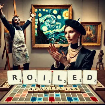 Creative illustration for a Scrabble game with the word ROILED spelled out in tiles on the board.