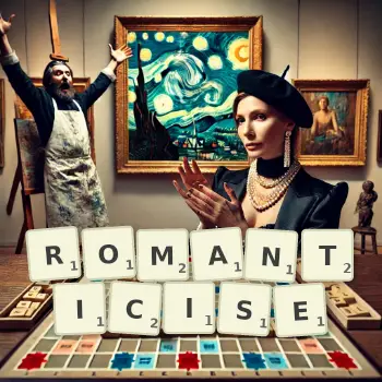 Creative illustration for a Scrabble game with the word ROMANTICISE spelled out in tiles on the board.