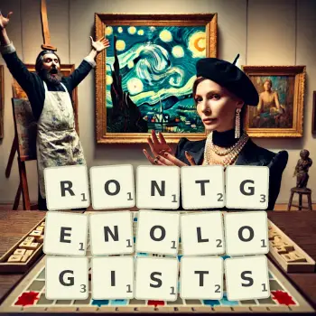 Creative illustration for a Scrabble game with the word RONTGENOLOGISTS spelled out in tiles on the board.