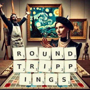 Creative illustration for a Scrabble game with the word ROUNDTRIPPINGS spelled out in tiles on the board.