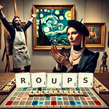 Creative illustration for a Scrabble game with the word ROUPS spelled out in tiles on the board.