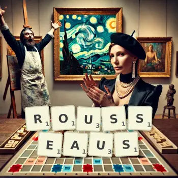 Creative illustration for a Scrabble game with the word ROUSSEAUS spelled out in tiles on the board.