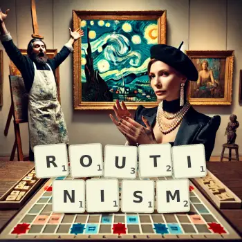 Creative illustration for a Scrabble game with the word ROUTINISM spelled out in tiles on the board.