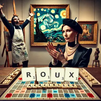 Creative illustration for a Scrabble game with the word ROUX spelled out in tiles on the board.