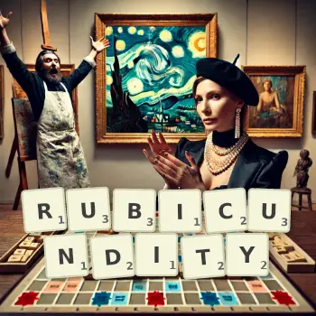 Creative illustration for a Scrabble game with the word RUBICUNDITY spelled out in tiles on the board.
