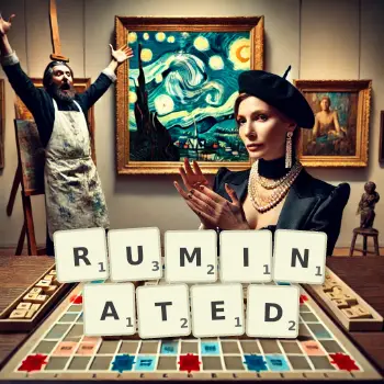 Creative illustration for a Scrabble game with the word RUMINATED spelled out in tiles on the board.